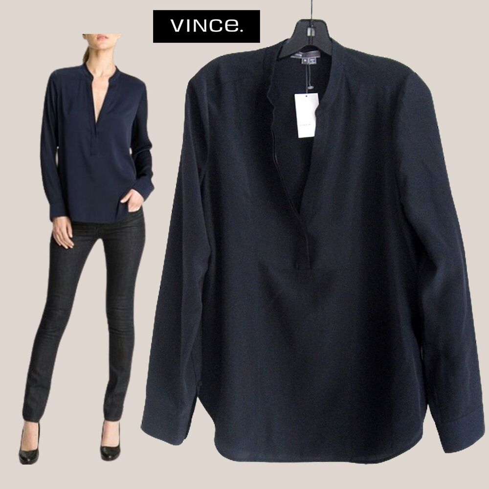 VINCE NWT Silk Minimalist Band Collar Blouse Oversized Navy M